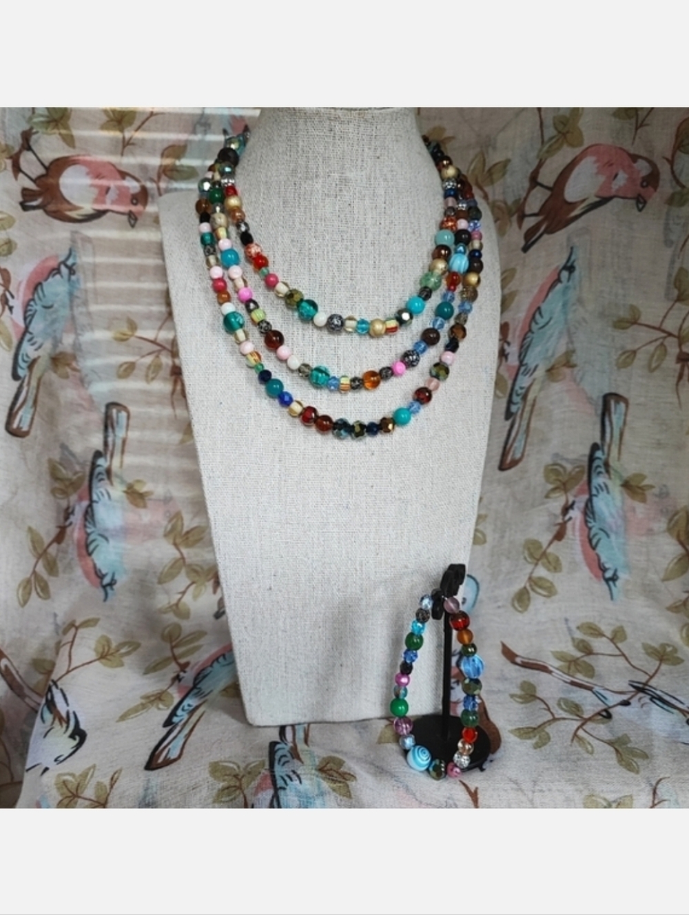 3 Pieces Set Faceted Art Glass Beads Vintage 2 Necklaces Bracelet Multi Colored